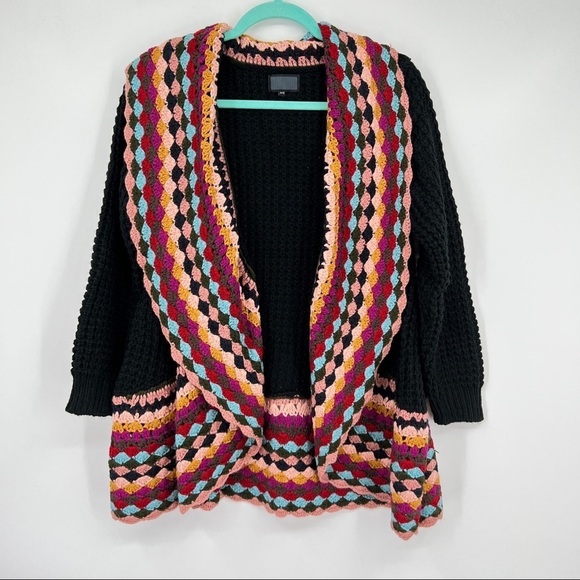 Delta Designs Long Sleeve Multicolor Black Crocheted Contrast Cardigan Sweater - Picture 1 of 12